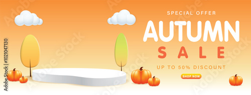 Autumn sale podium with falling leaves, pumpkins and autumn trees. Fall sale advertising banner. Thanksgiving or seasonal marketing materials. Vector illustration on orange background.