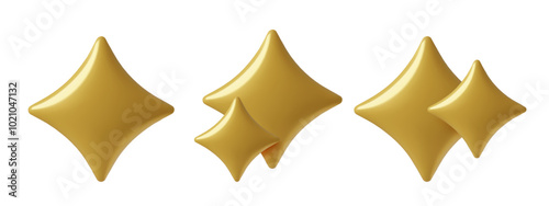 Golden 3d sparkles set. Holiday magic stars three dimensional vector illustration isolated on white background.