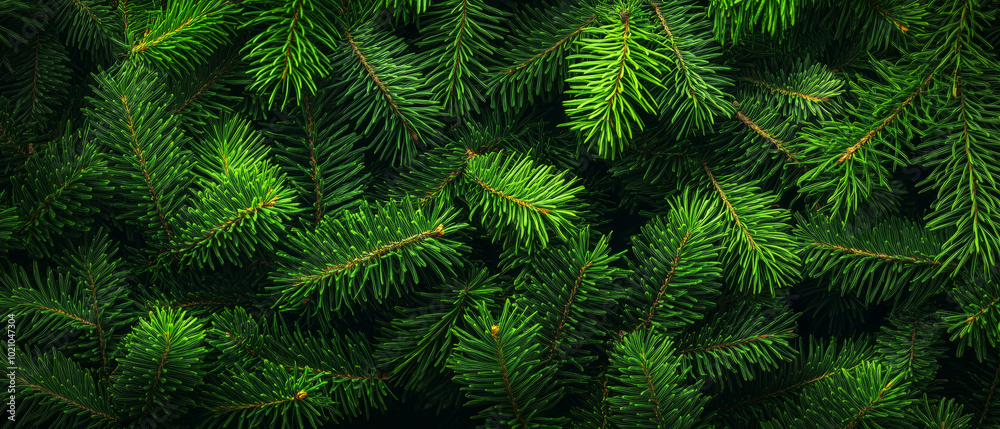 Background with bright green pine tree branches