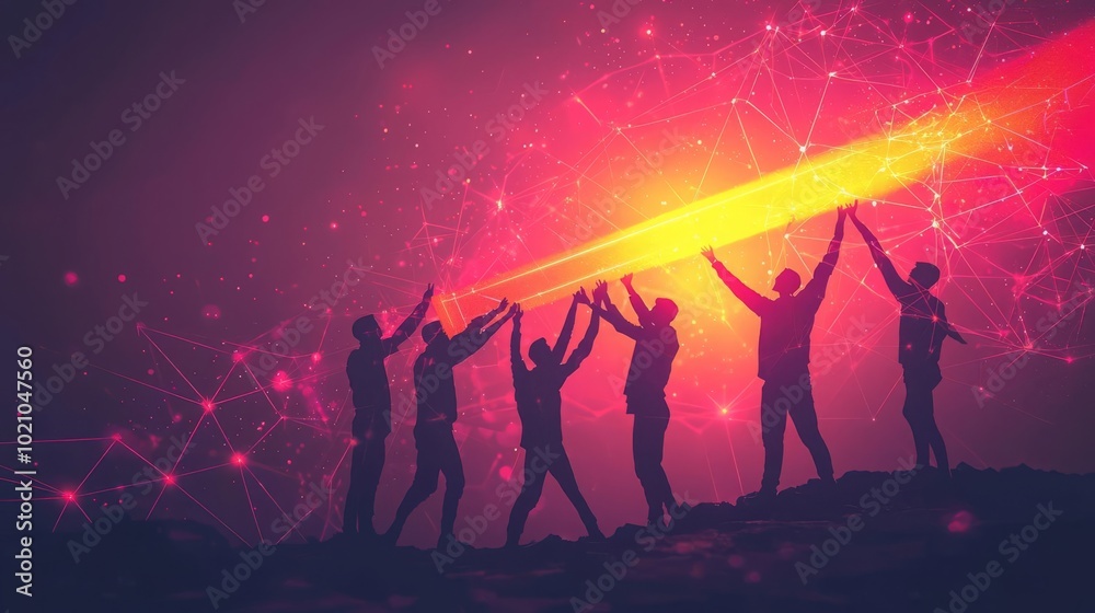 Business team building target Silhouetted figures raising a glowing beam together, ambient pink and orange light symbolizing effort and collaboration, no face, concept art Business team building target Silhouetted figures raising a glowing beam together, ambient pink and orange light symbolizing effort and collaboration, no face, concept art