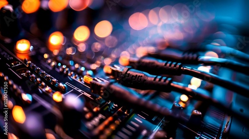 A close-up of electronic circuits and cables illuminated by soft lights.