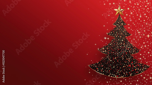 Vector decorated Christmas tree invitation card with copy space on red background.