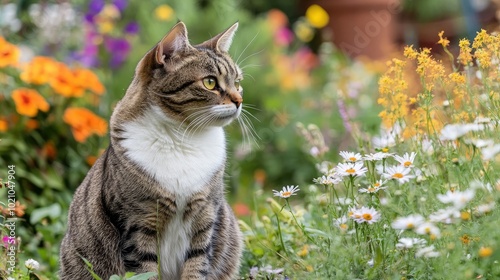 A cat sitting in a garden, surrounded by blooming flowers and tall grass, with a soft focus on the colorful background
