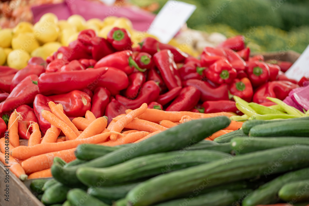 Fresh vegetables displayed on a farmer's market counter Fresh vegetables displayed on a farmer's market counter