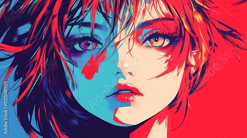 Close-up Portrait of a Woman with Red Hair and Blue and Red Makeup