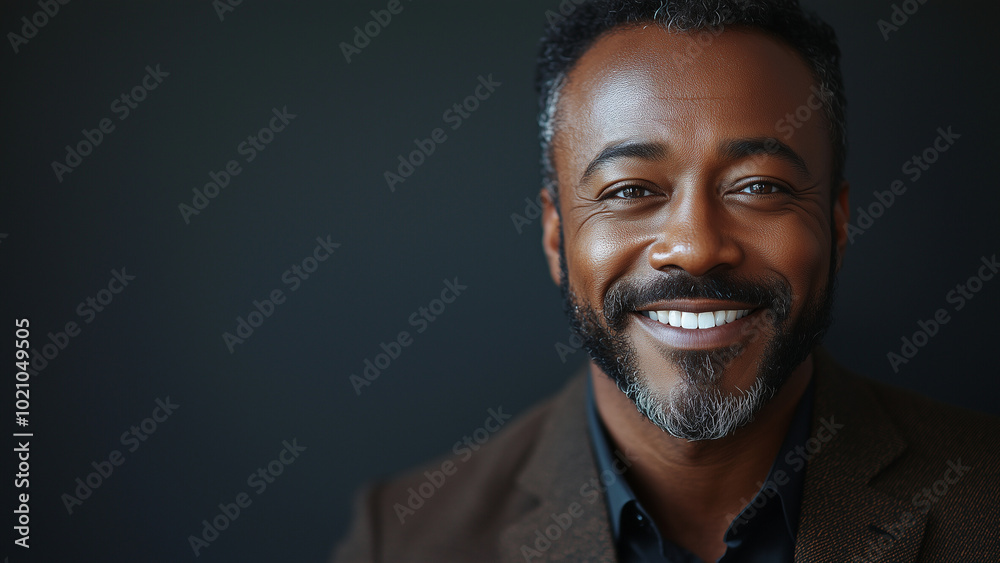Fototapeta premium African American Black Man Journalist - man, smiling, portrait, confident, happy, professional, beard, friendly, positive, business, casual, relaxed, laughter, male, black man
