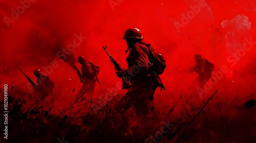 Gritty Soldier Silhouettes Amid Chaotic Red Battlefield