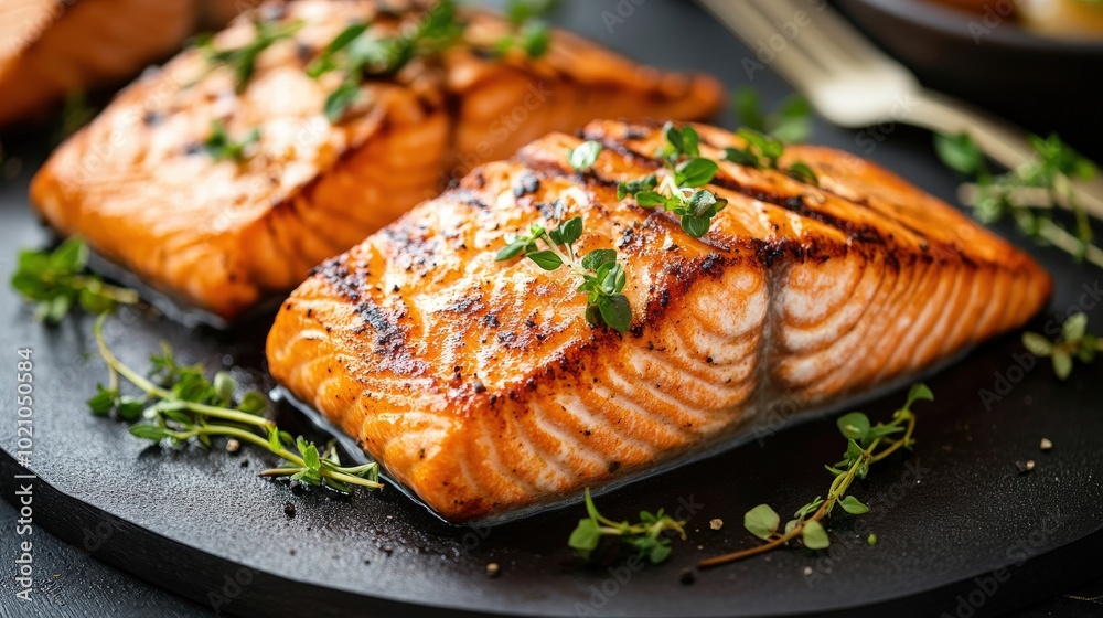Grilled salmon fillets garnished with fresh herbs on a black platter. Grilled salmon fillets garnished with fresh herbs on a black platter.