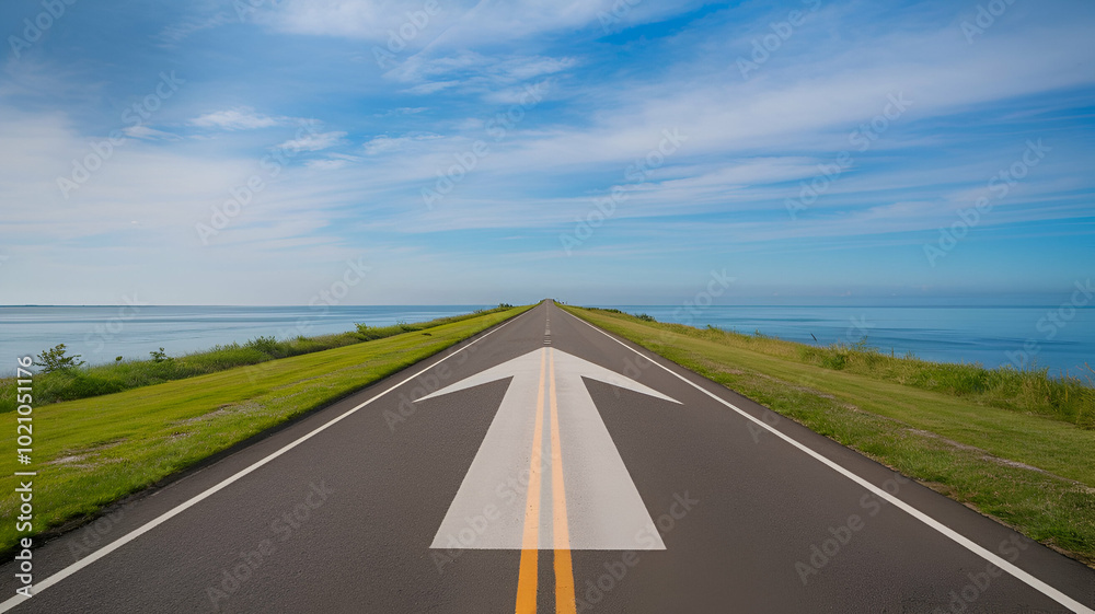 straight street with a bolt painted on it prompting the skyline, representing objective setting and accomplishment straight street with a bolt painted on it prompting the skyline, representing objective setting and accomplishment