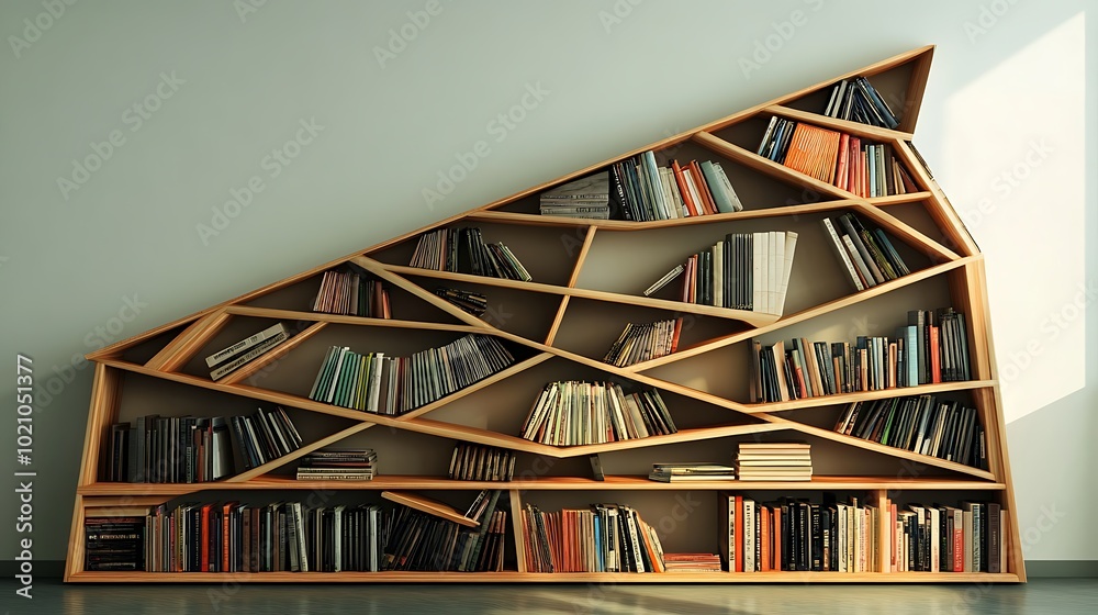 A Modern Bookshelf with Geometric Design and Rows of Books