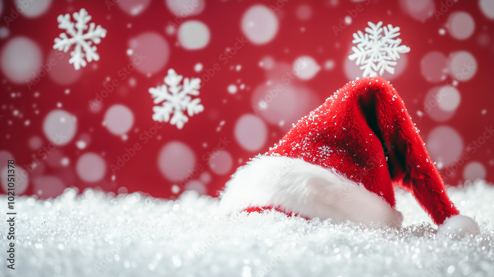 Beautiful Christmas cap design on shiny snowflakes background with copy space Beautiful Christmas cap design on shiny snowflakes background with copy space