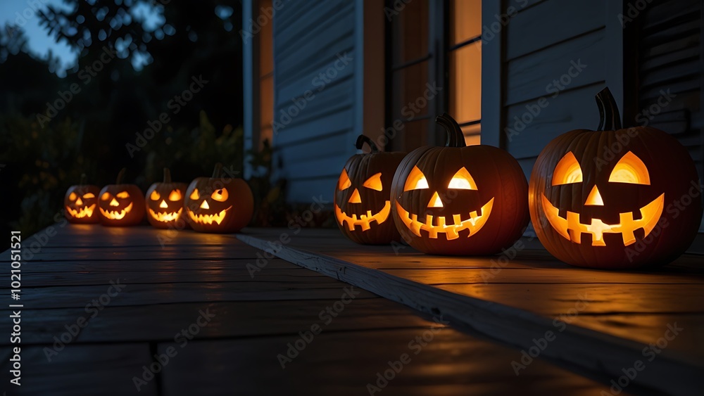 Fototapeta premium A row of carved jack-o'-lanterns glowing brightly, sitting on a wooden porch illuminated by candlelight, setting the perfect Halloween night mood. 