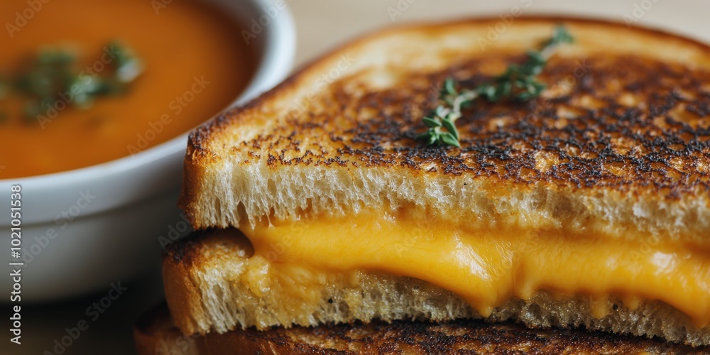 Close-up of a grilled cheese sandwich with a bowl of tomato soup garnished with herbs. Close-up of a grilled cheese sandwich with a bowl of tomato soup garnished with herbs.