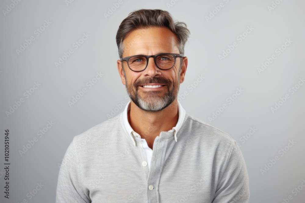 Handsome middle aged man in glasses looking at camera with smile while standing against grey background Handsome middle aged man in glasses looking at camera with smile while standing against grey background