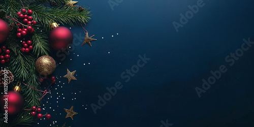 Christmas card, Christmas tree branches with red berries, Christmas tree toys, pine cones on a dark blue background on the left with copy space. Advertising banner.