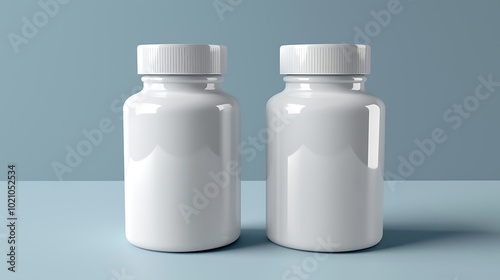 Two white pill bottles with lids on a blue background. The bottles are empty and ready to be filled with medication, vitamins, or supplements.