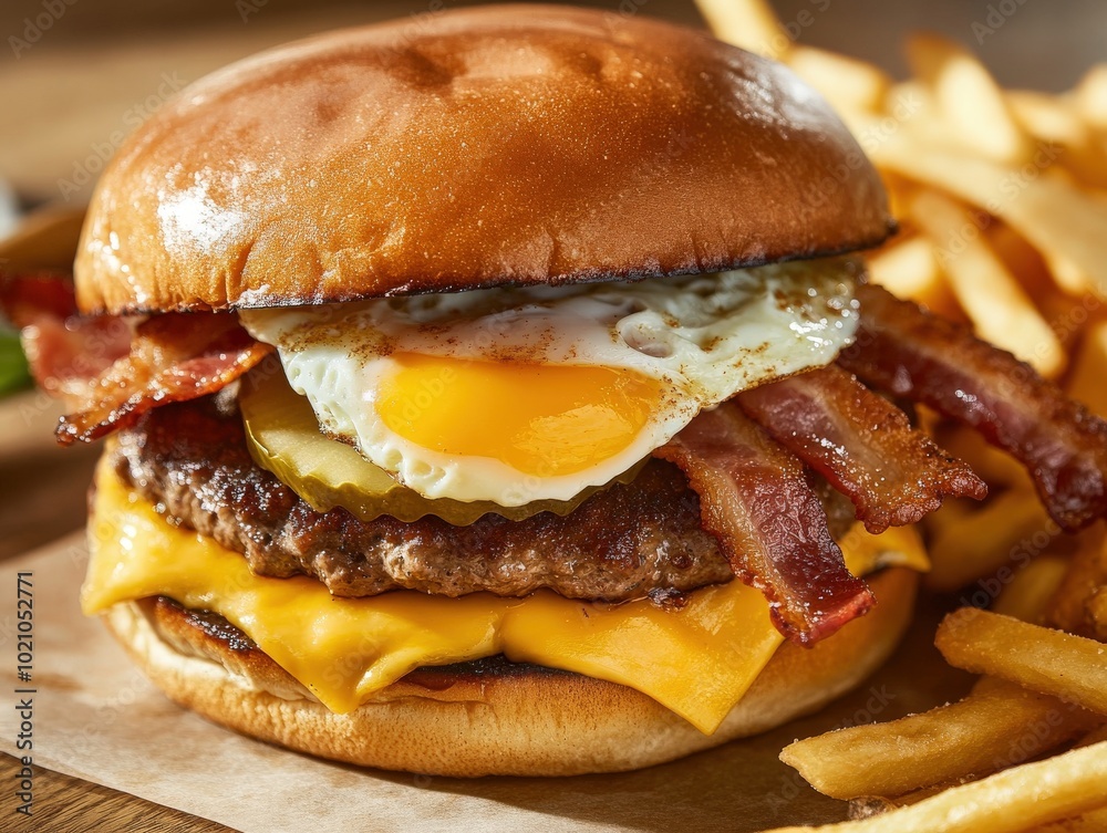 Delicious cheeseburger with bacon, fried egg, and pickles served with crispy fries. Delicious cheeseburger with bacon, fried egg, and pickles served with crispy fries.