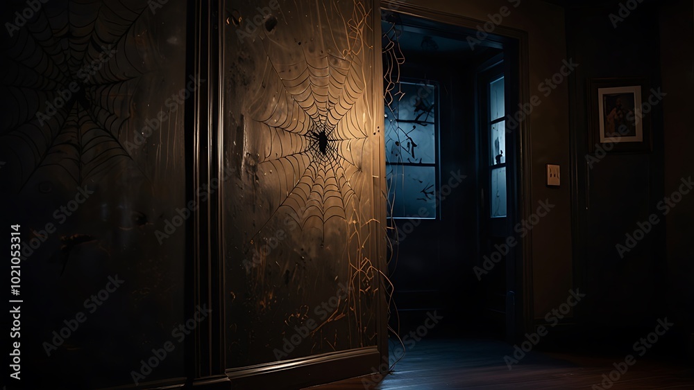 Intricate spider webs cover the corner of a dark room, with creepy crawlers lurking in the shadows, adding to the spooky Halloween vibe.