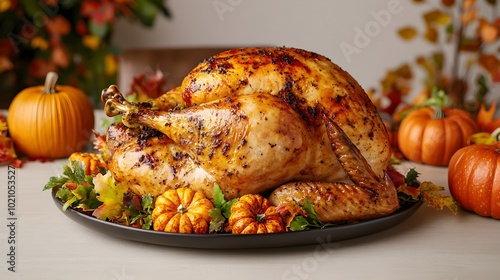 A warm and inviting Thanksgiving table setting with a golden roasted turkey on a platter surrounded by a cornucopia of autumn decor including fresh pumpkins warm lighting and rustic wooden elements