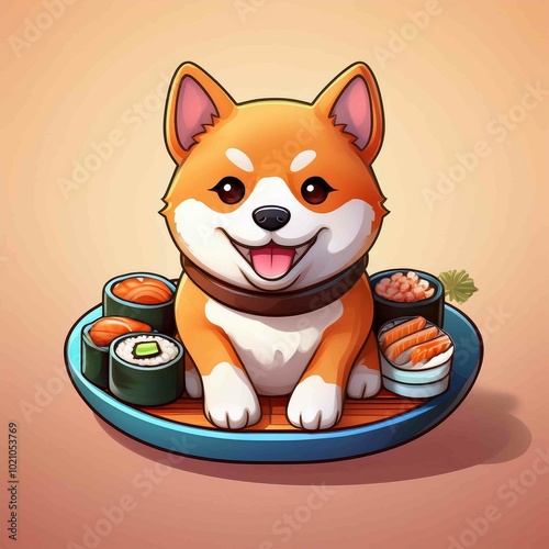 cute shiba inu dog holding sushi cartoon