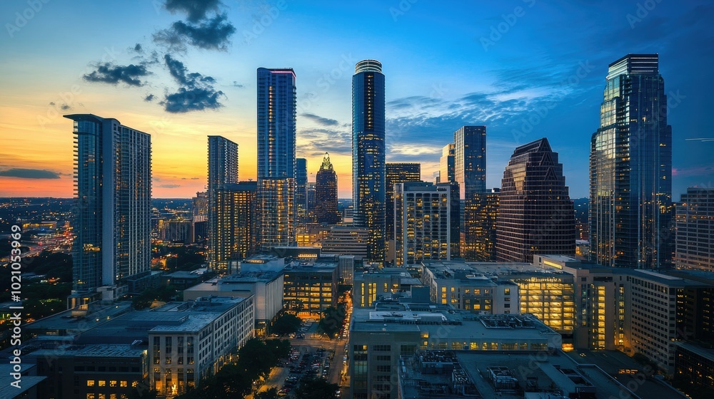 A cityscape at dusk with skyscrapers glowing against the darkening blue sky, showcasing the transition from day to night. A cityscape at dusk with skyscrapers glowing against the darkening blue sky, showcasing the transition from day to night.
