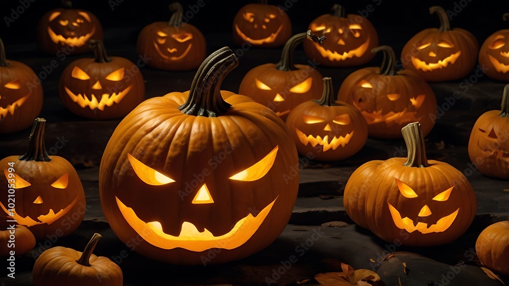 A carved pumpkin with a menacing grin, glowing brightly from within, set against a dark, eerie night background. A carved pumpkin with a menacing grin, glowing brightly from within, set against a dark, eerie night background.