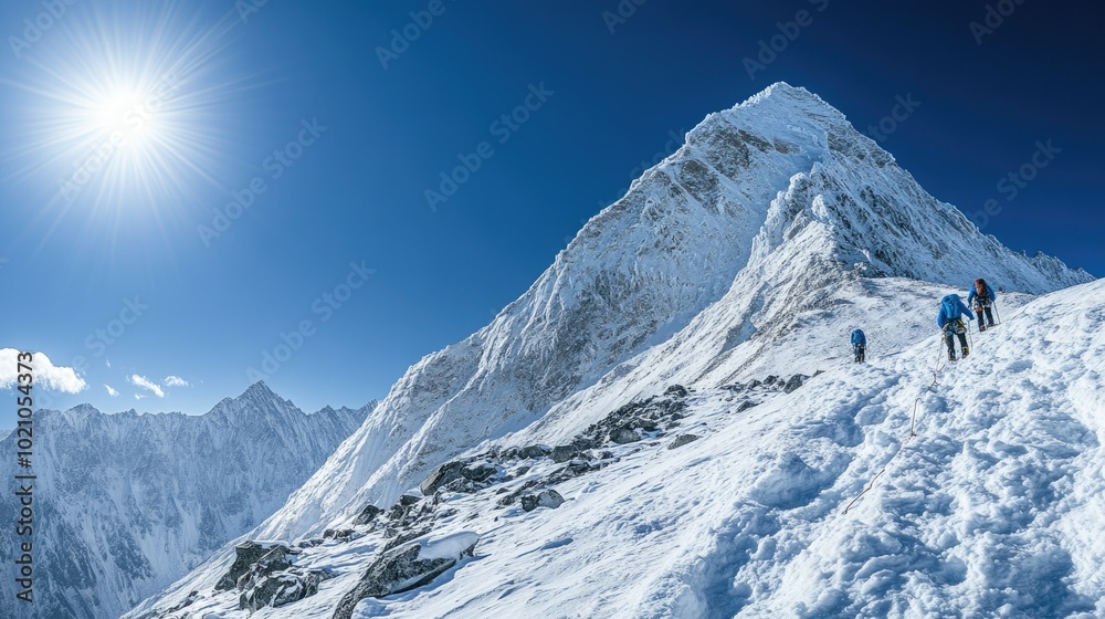 Obraz premium A clear blue sky over a snowy mountain peak, with climbers making their way up the steep path.