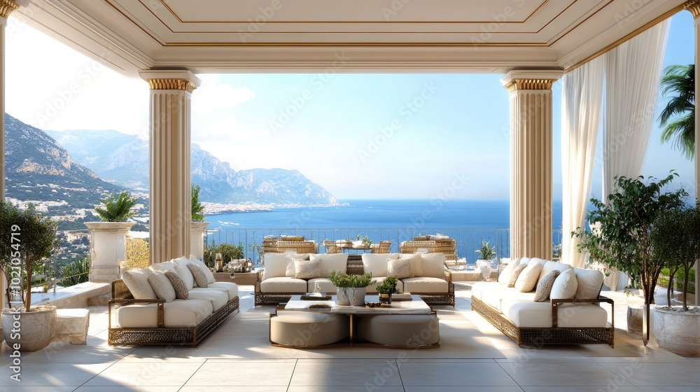 Obraz premium A luxurious outdoor space featuring elegant furniture and decor, offering a breathtaking view of the sea and mountains