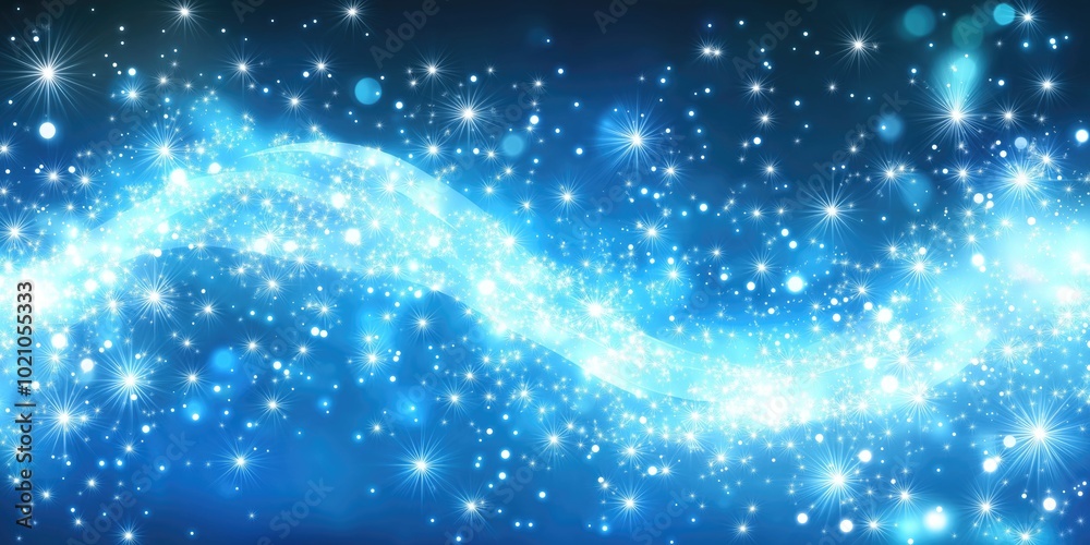 Obraz premium A shimmering blue abstract background with wavy patterns and sparkling stars.