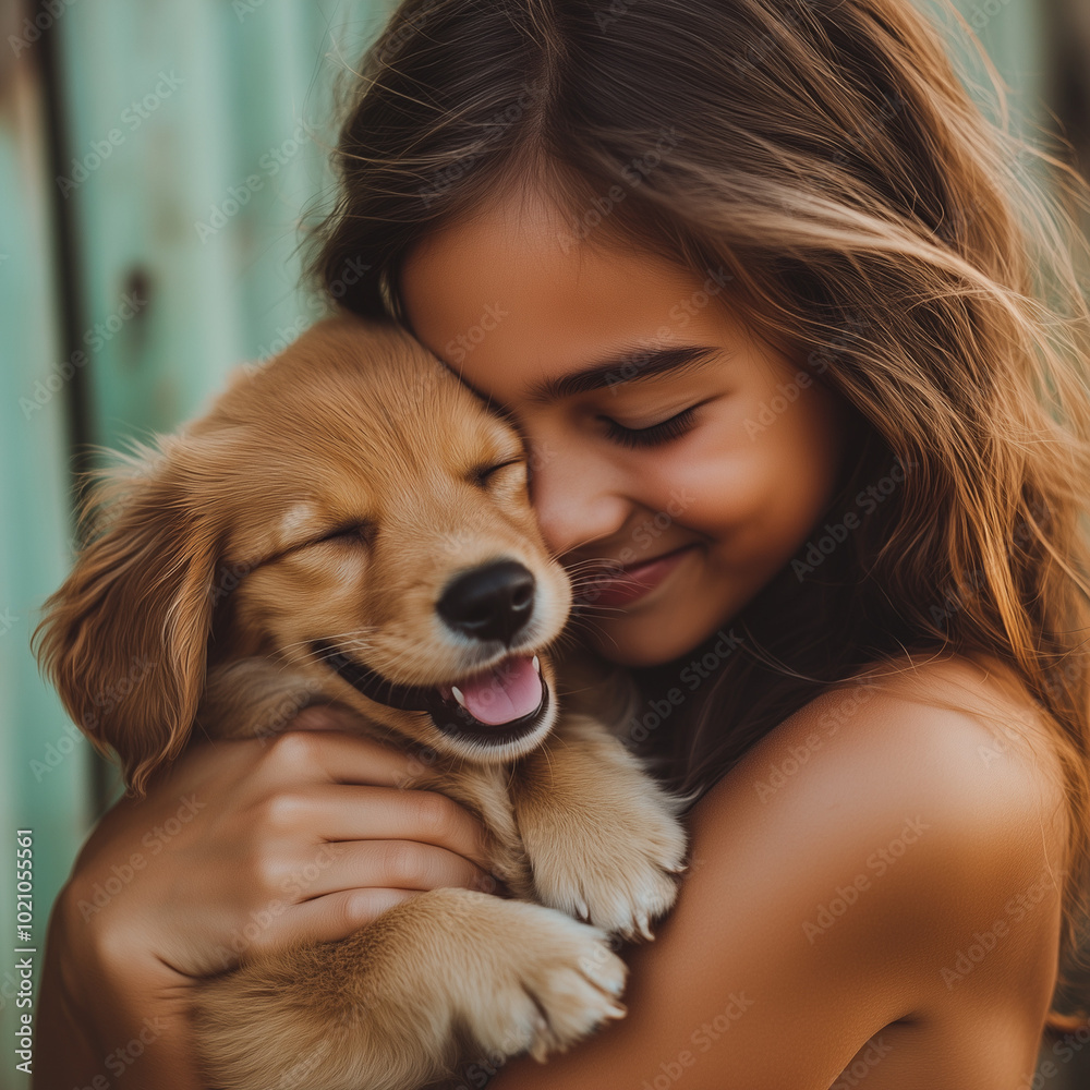 Young woman smiling joyfully while holding a small golden dog, likely a puppy, close to her face. Both are looking directly at the camera,
People and pets, Young woman smiling joyfully while holding a small golden dog, likely a puppy, close to her face. Both are looking directly at the camera,
People and pets,