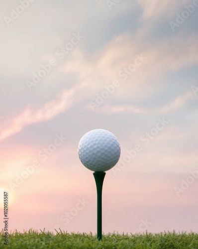 Golf ball positioned on a tee with a sunrise background capturing a serene and early morning atmosphere.
