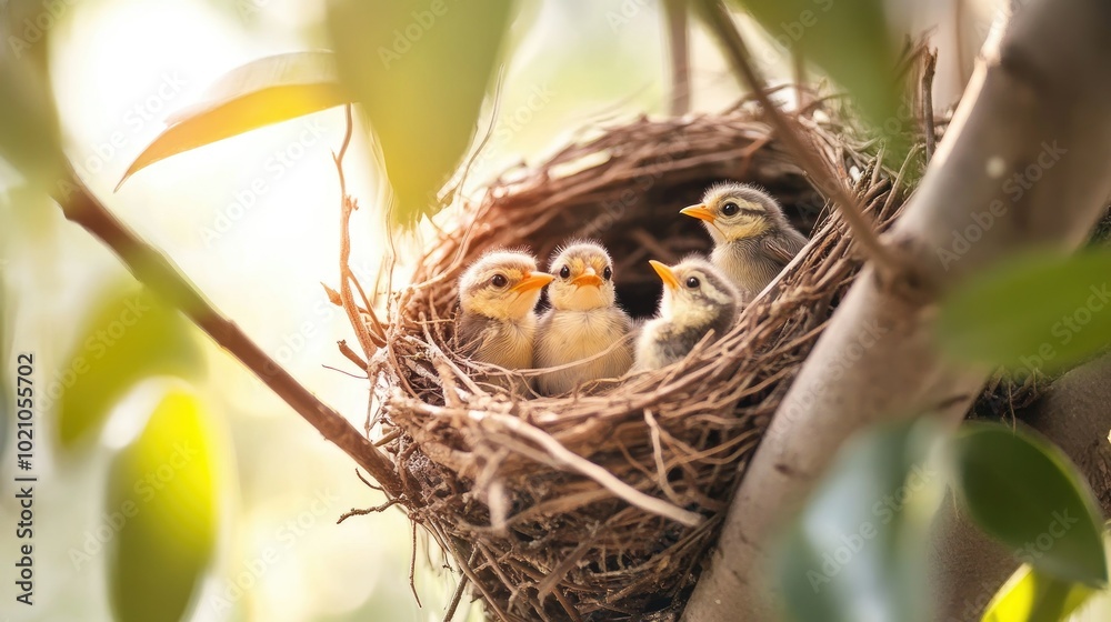 A close-up of a bird's nest in a tree, with tiny baby birds waiting for food A close-up of a bird's nest in a tree, with tiny baby birds waiting for food