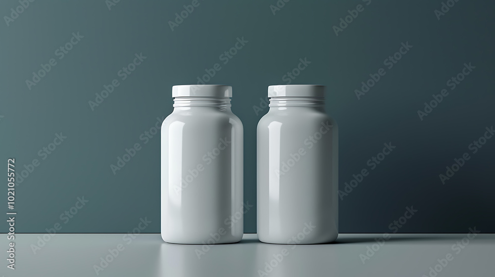 Two white, unlabeled pill bottles on a table in front of a teal wall. Two white, unlabeled pill bottles on a table in front of a teal wall.