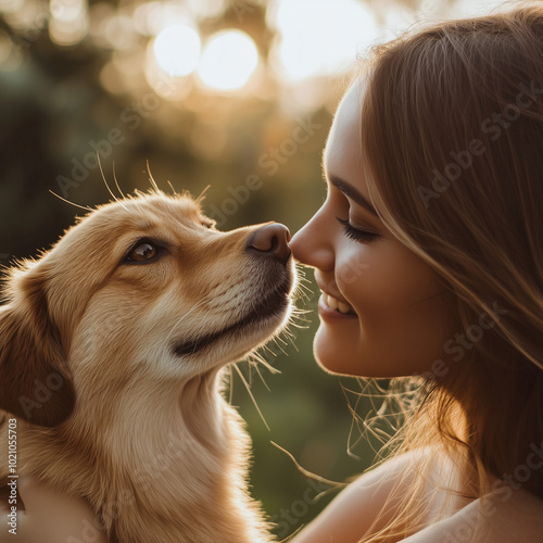 Young woman smiling joyfully while holding a small golden dog, likely a puppy, close to her face. Both are looking directly at the camera,  
People and pets,