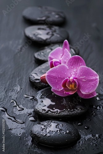 zen basalt stones and bamboo with dew. Generative AI,