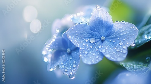A close-up of a blue hydrangea in full bloom, with delicate petals glistening in the morning dew.