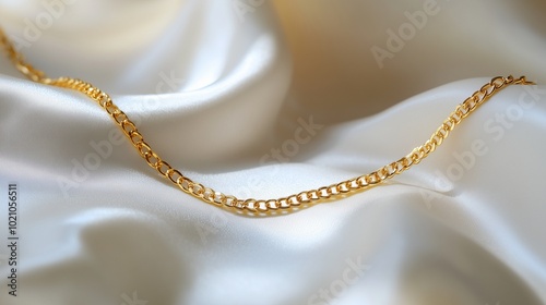 A delicate gold chain laying on a white silk fabric, reflecting the soft glow of the morning light through the window, representing everyday elegance