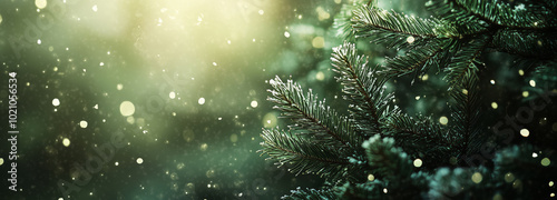 Close-up of green fir branches against the backdrop of snowfall