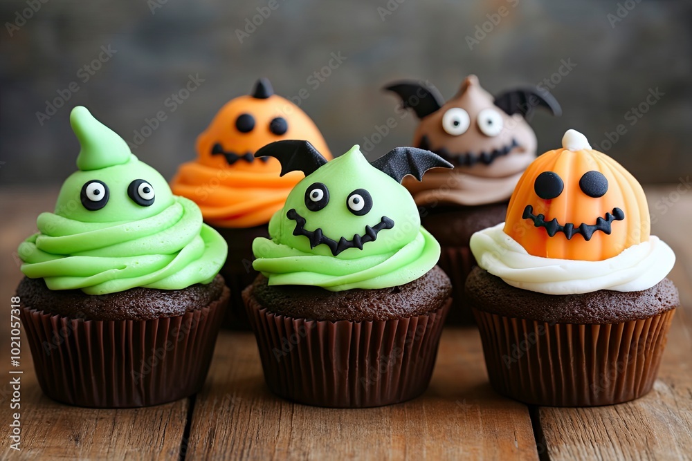 Group of helloween cupcakes on wood table background with generative ai Group of helloween cupcakes on wood table background with generative ai