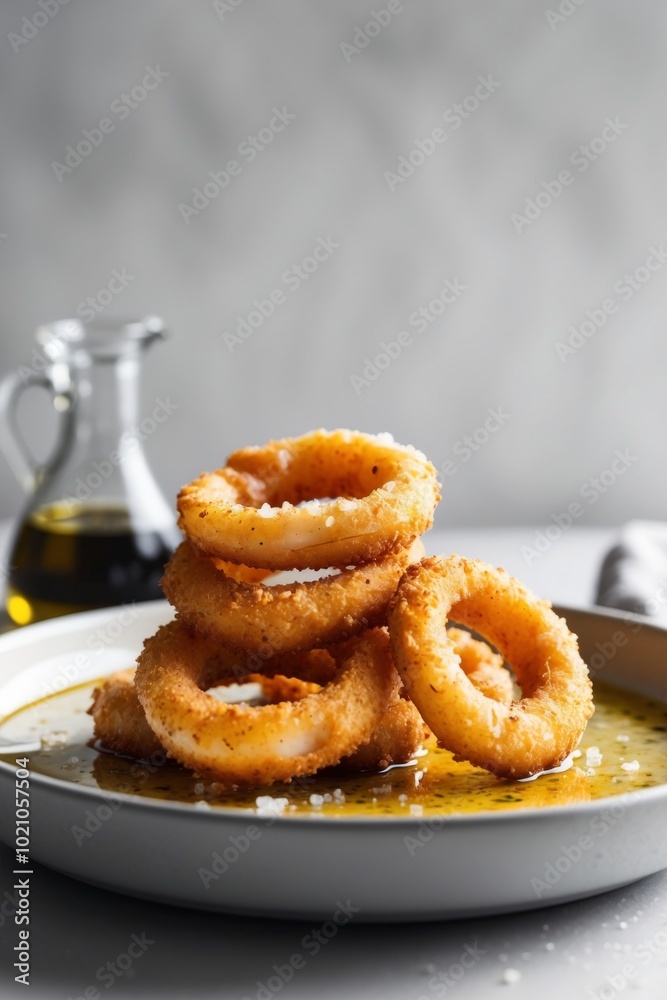 Delightfully crispy calamari rings fried to a luscious golden perfection in flavorful oil. Delightfully crispy calamari rings fried to a luscious golden perfection in flavorful oil.