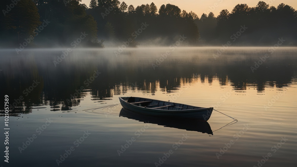 Obraz premium A single rowboat sits still on a misty lake at sunrise.