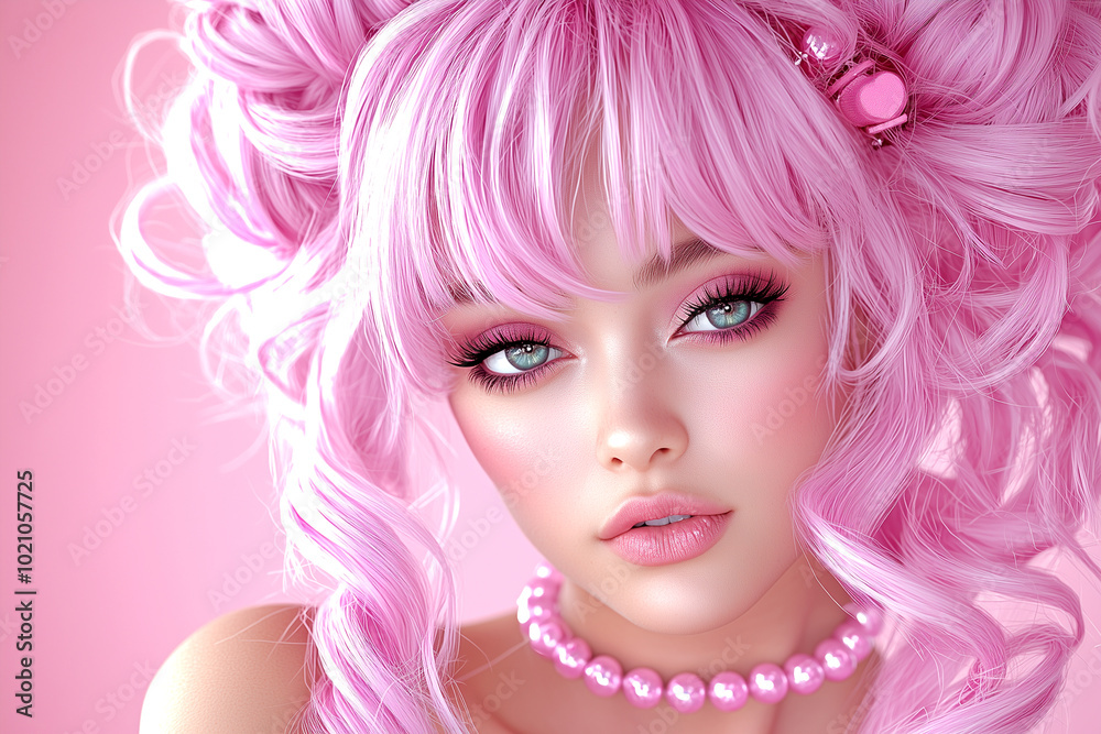 A woman with pink hair and blue eyes is wearing a pink necklace. She has a pink background A woman with pink hair and blue eyes is wearing a pink necklace. She has a pink background