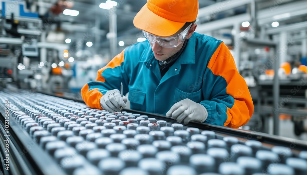 Quality control inspector marking defective products on a conveyor belt, industrial background with efficient production flow Quality control inspector marking defective products on a conveyor belt, industrial background with efficient production flow