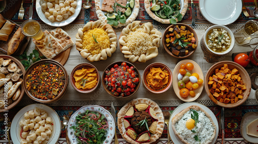 A table filled with foods from different cuisines, all presented side by side on an elegant tablecloth, symbolizing the beauty of cultural diversity through shared meals.