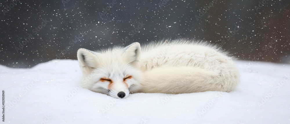 Fototapeta premium Arctic fox sleeping peacefully on a snowy landscape with soft snowflakes falling.