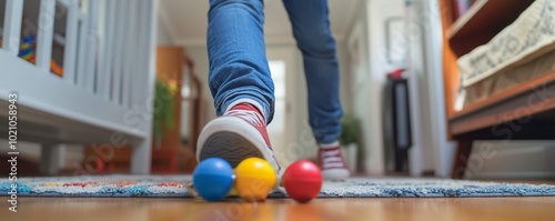 Person tripping over toys left on the floor, showcasing common household accidents, trip hazard, household clutter photo