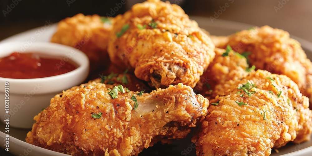 Crispy fried chicken wings garnished with parsley, served with a side of tangy dipping sauce. Crispy fried chicken wings garnished with parsley, served with a side of tangy dipping sauce.