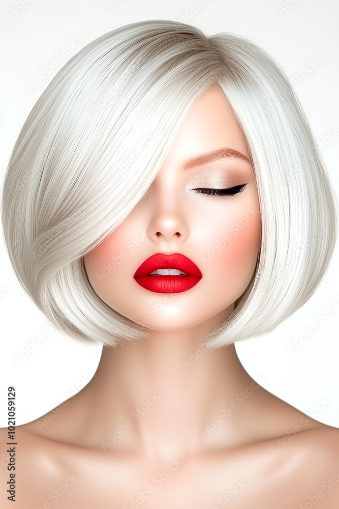 A woman with a short white bob and red lipstick is the main focus of the image. The woman's hair is styled in a way that makes it appear short and sleek, and her lips are painted a bold shade of red A woman with a short white bob and red lipstick is the main focus of the image. The woman's hair is styled in a way that makes it appear short and sleek, and her lips are painted a bold shade of red