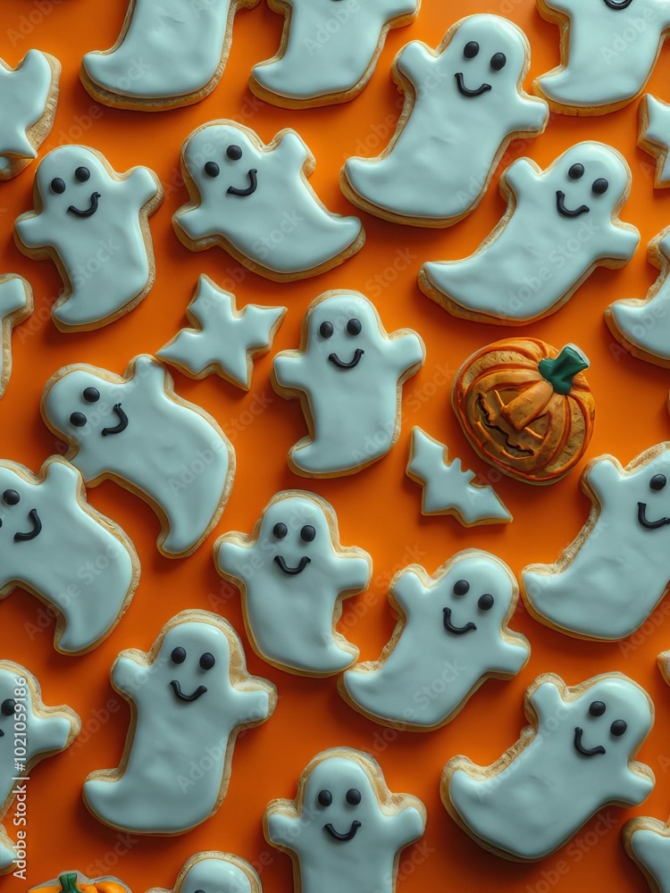 A pattern of cookies in the shape of smiling ghosts and pumpkins on an orange background halloween pattern halloween backdrop A pattern of cookies in the shape of smiling ghosts and pumpkins on an orange background halloween pattern halloween backdrop
