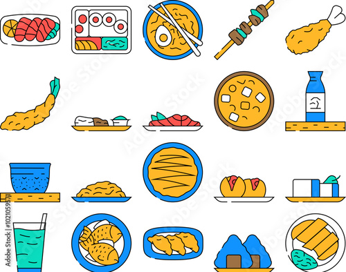 japanese food sushi japan icons set vector. sashimi asian menu, salmon dinner, delicious traditional, temaki roll, restaurant japanese food sushi japan color Contour Illustrations